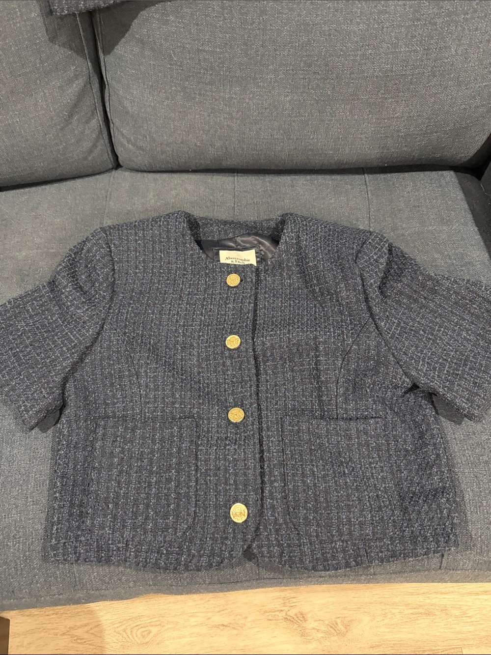 Abercrombie & Fitch Navy Tweed Short-Sleeve Blazer with Gold Buttons